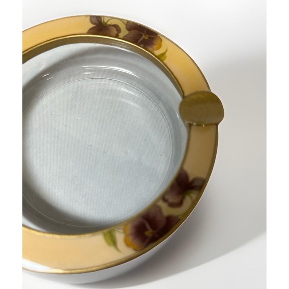 Vintage Art Deco Enameled Brass and Glass Ashtray Yellow w/ Flowers Pansies - Picture 3 of 6